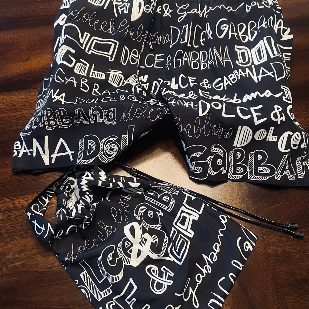Dolce & Gabbana Black and White Logo Swim Trunks With Original Box.
